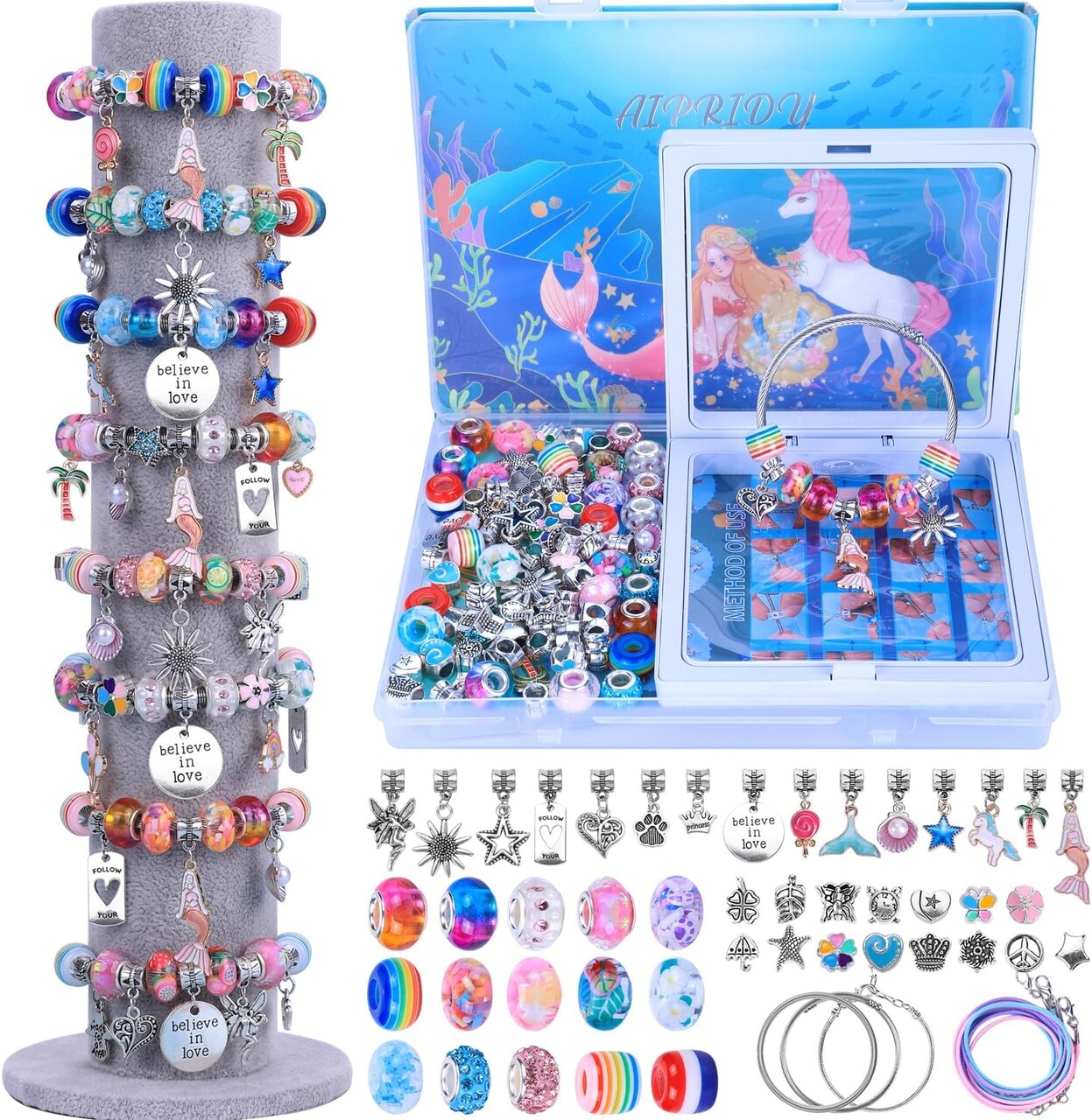 Charm Bracelet Making Kit – 72-Piece Mermaid & Unicorn Jewelry Craft Set for Girls Aged 5-12